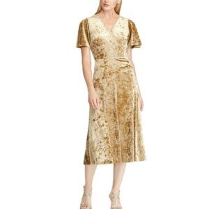 EUC Lauren Ralph Lauren Crushed Velvet Midi Dress in Gold size 12